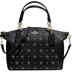 Coach Small Kelsey with Gold Studded Stud Flower Black Leather Satchel